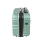 Mint green suitcase with a black zipper on a white background