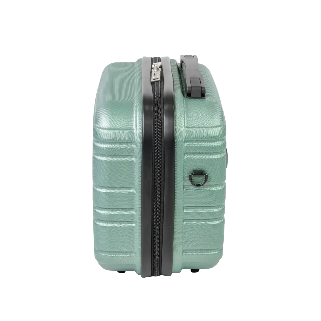Mint green suitcase with a black zipper on a white background