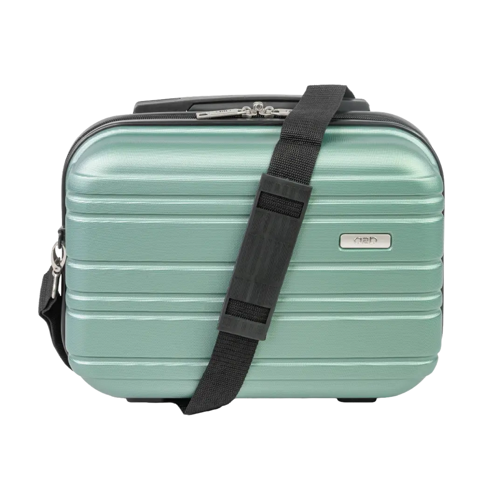 Mint green suitcase with a black strap on a white background
