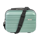 Mint green suitcase with a black strap on a white background