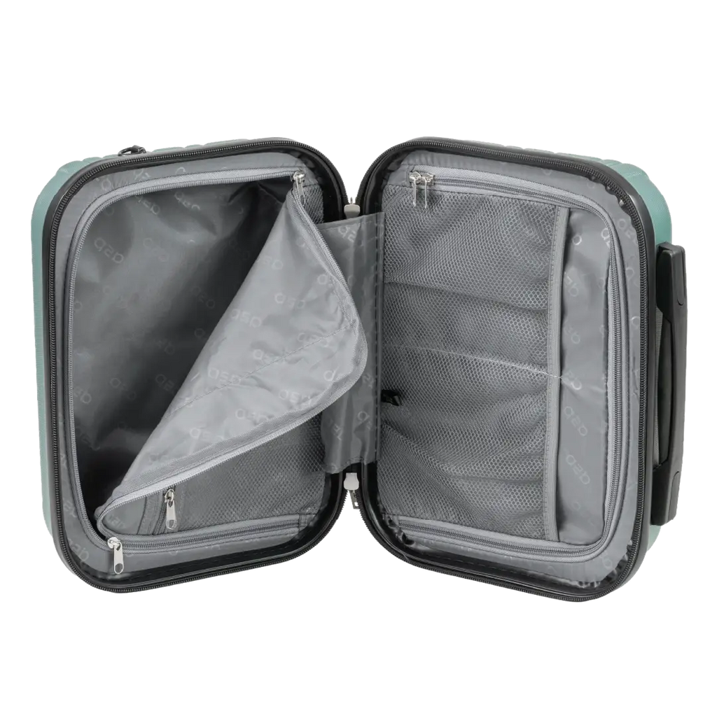 Open travel suitcase with interior compartments on a white background