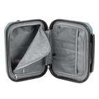 Open travel suitcase with interior compartments on a white background