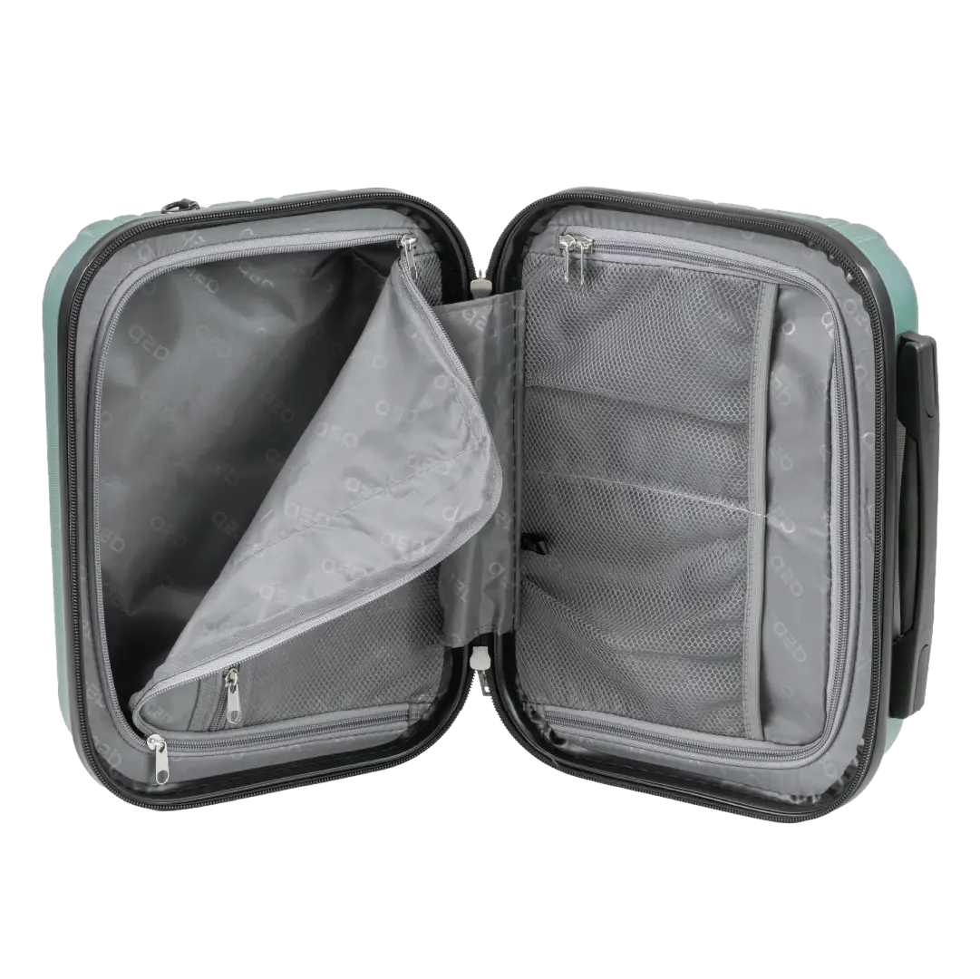 Open travel suitcase with interior compartments on a white background