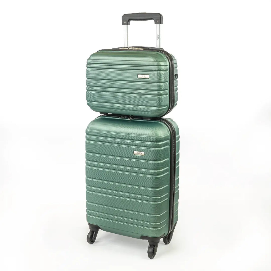 Two green suitcases stacked on a white background