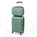 Two green suitcases stacked on a white background