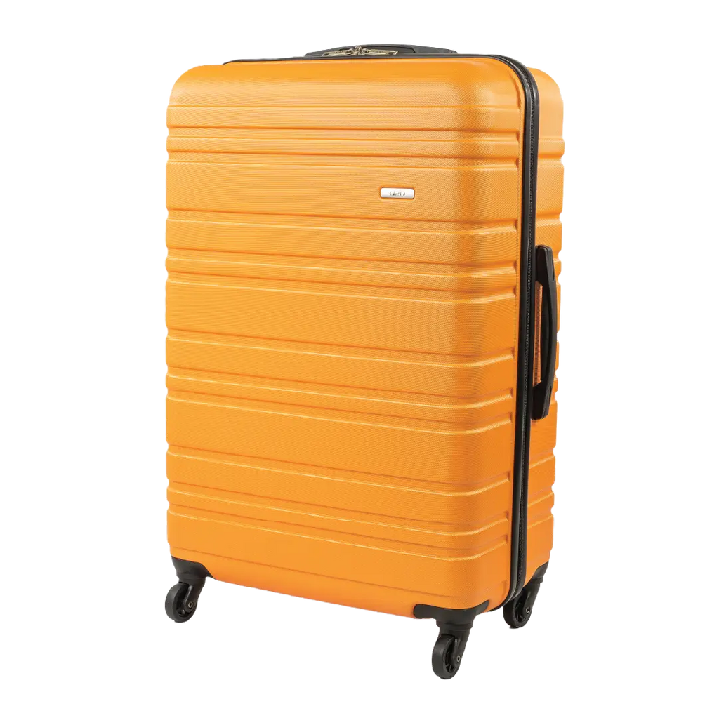 Orange suitcase with black handle and wheels on a white background
