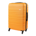 Orange suitcase with black handle and wheels on a white background