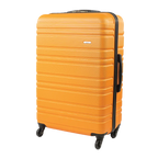 Orange suitcase with black handle and wheels on a white background