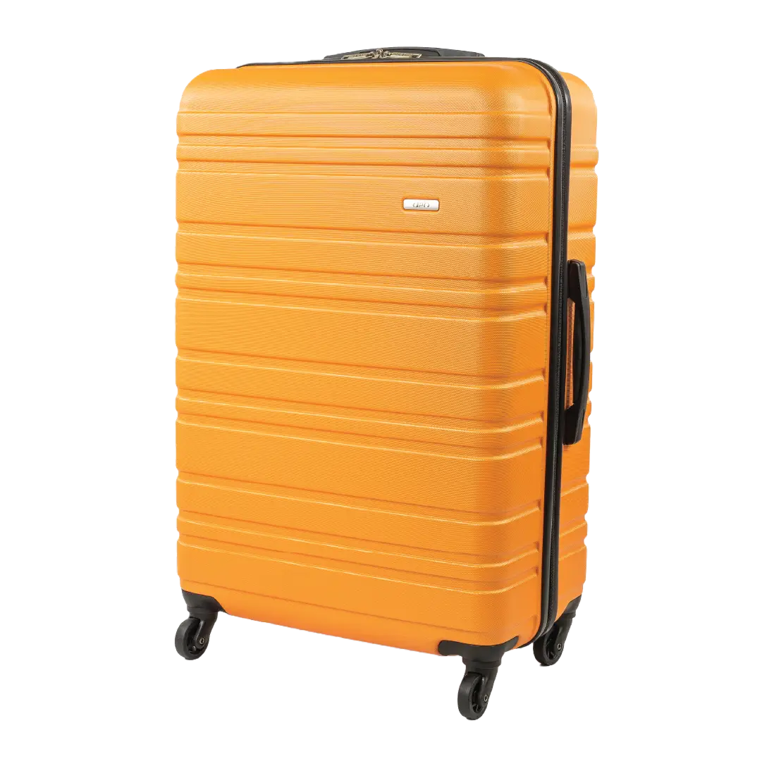 Orange suitcase with black handle and wheels on a white background