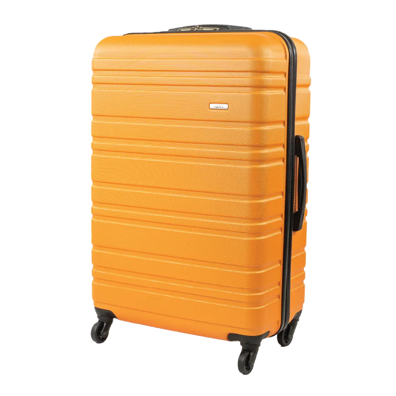 Orange suitcase with black handle and wheels on a white background