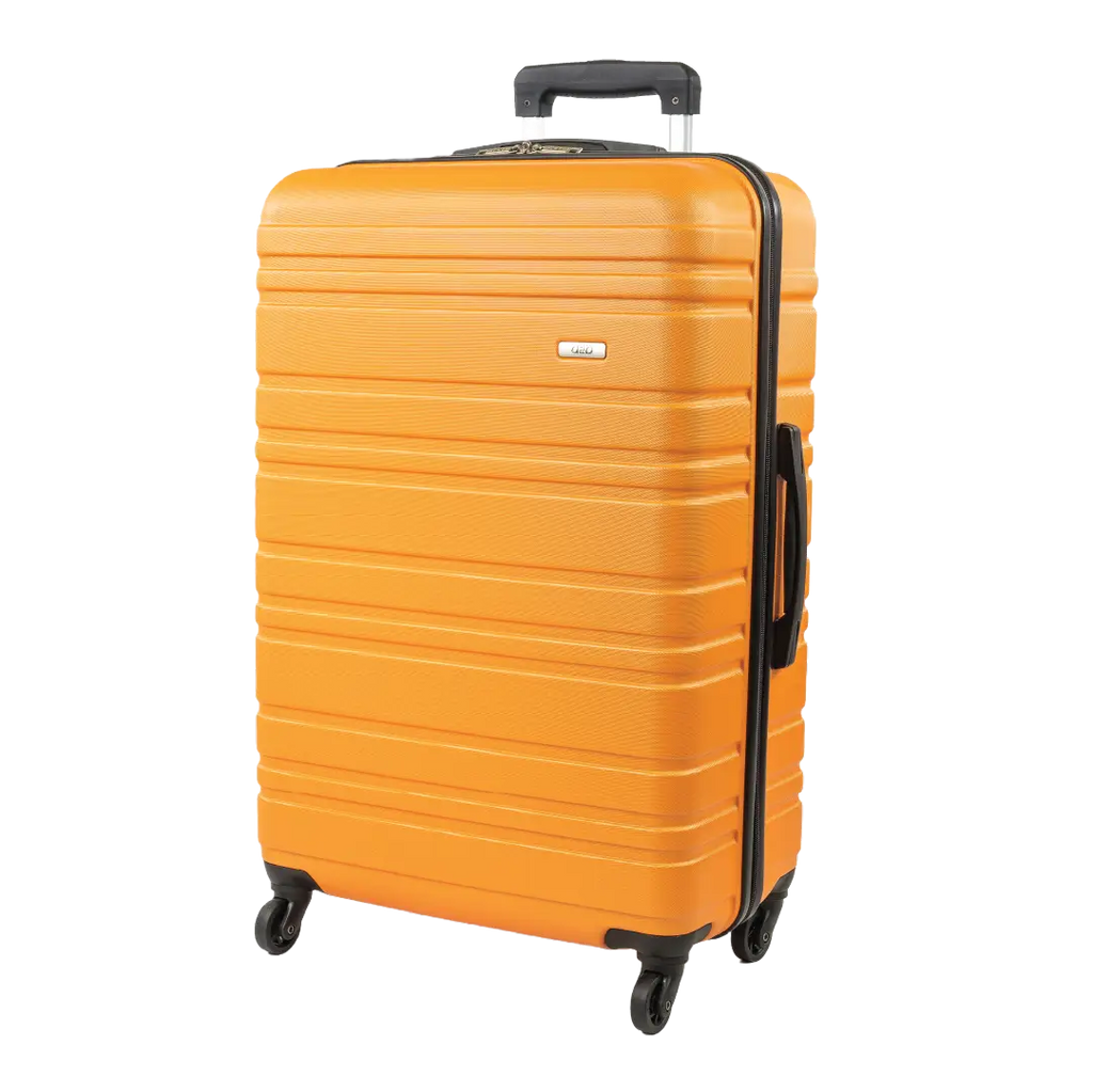 Orange suitcase with black handle and wheels on a white background