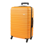 Orange suitcase with black handle and wheels on a white background