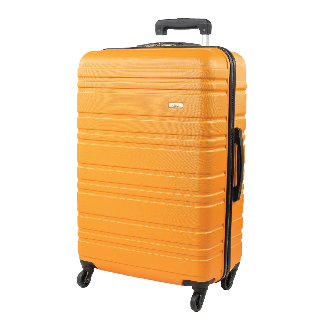 Orange suitcase with black handle and wheels on a white background