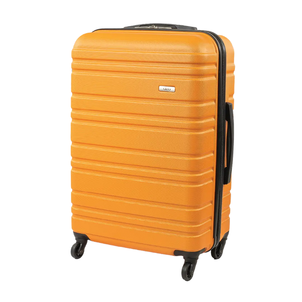 Orange suitcase with black handle and wheels on a white background
