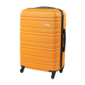 Orange suitcase with black handle and wheels on a white background