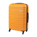 Orange suitcase with black handle and wheels on a white background