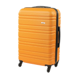 Orange suitcase with black handle and wheels on a white background