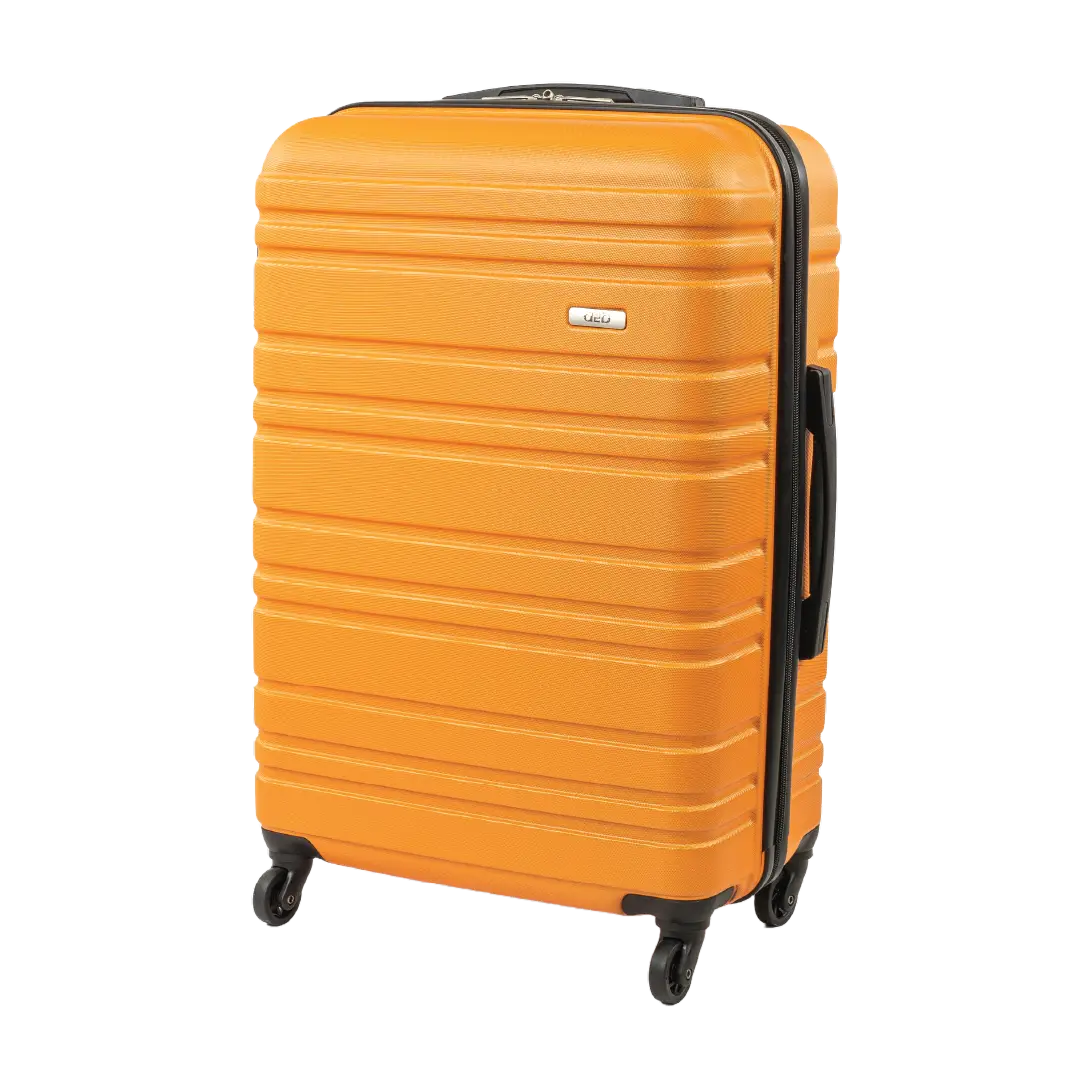 Orange suitcase with black handle and wheels on a white background