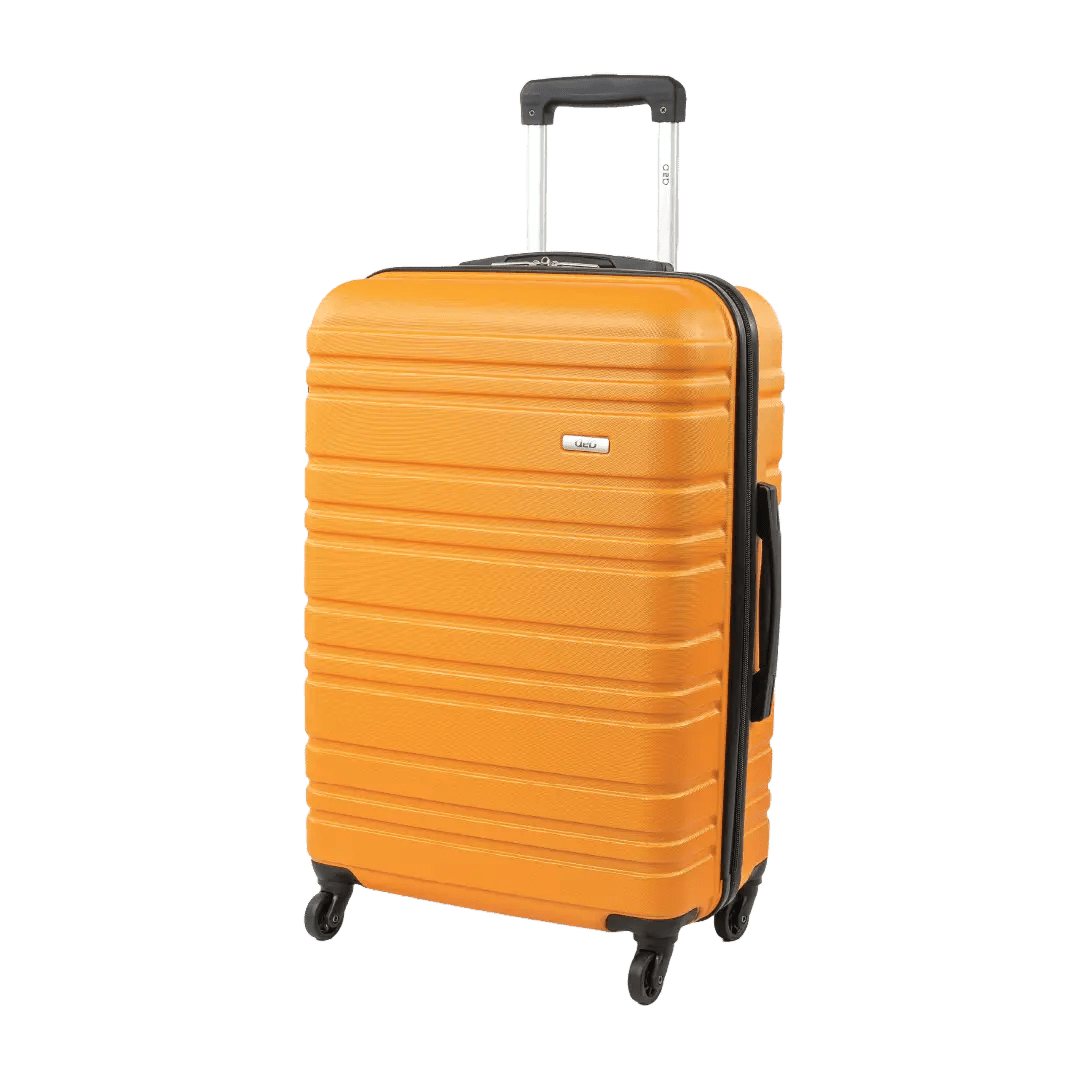 Orange suitcase with black handle and wheels on a white background