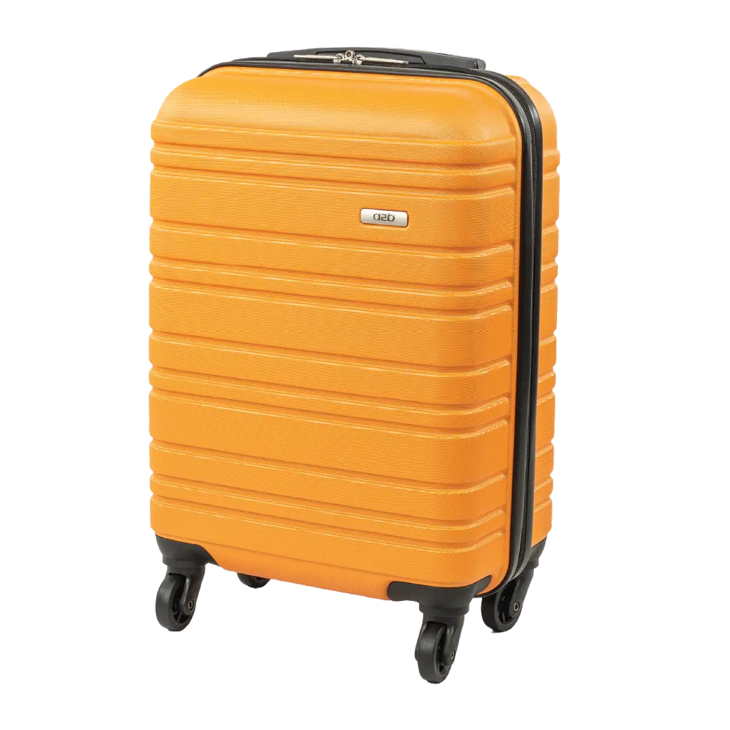 Orange suitcase with black wheels and handle on a white background