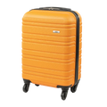 Orange suitcase with black wheels and handle on a white background