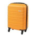 Orange suitcase with black wheels and handle on a white background