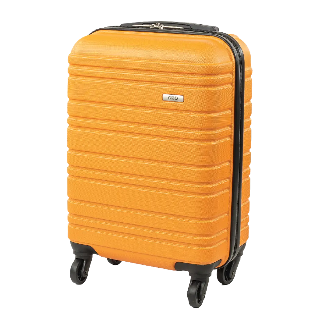 Orange suitcase with black wheels and handle on a white background