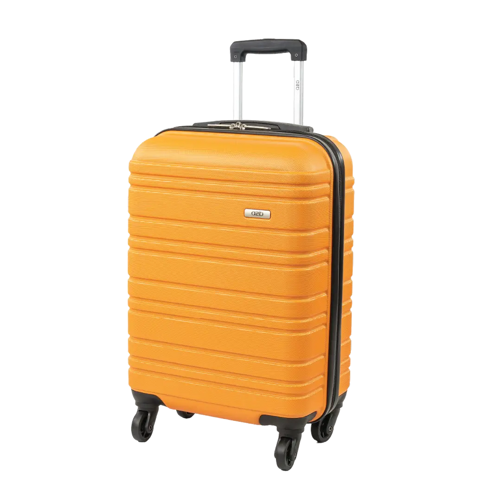 Orange suitcase with black handle and wheels on a white background