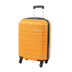Orange suitcase with black handle and wheels on a white background