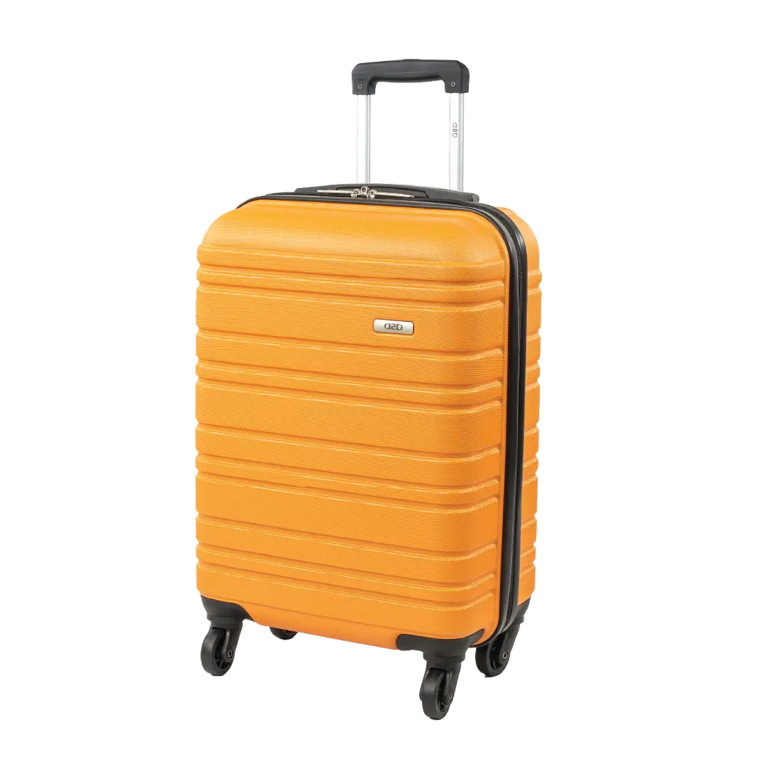 Orange suitcase with black handle and wheels on a white background