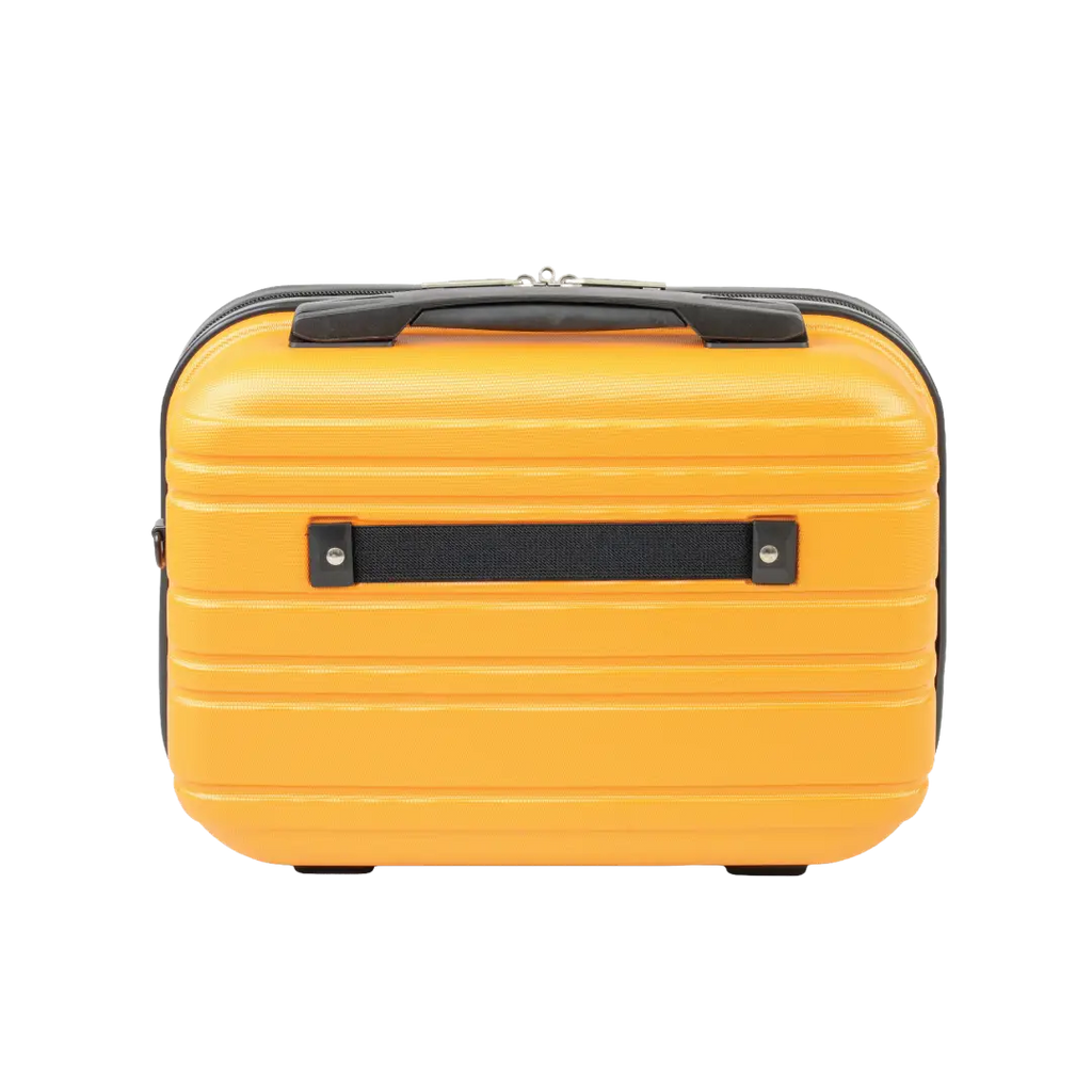 Yellow suitcase with black handles on a white background