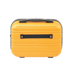 Yellow suitcase with black handles on a white background