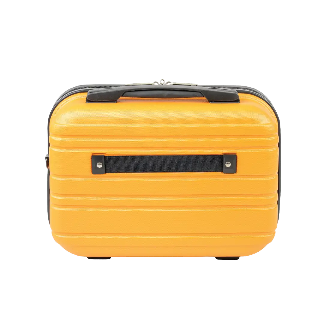 Yellow suitcase with black handles on a white background