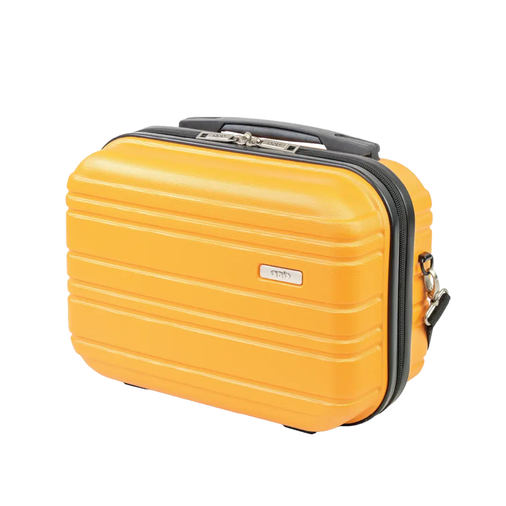 Yellow suitcase with black handle and trim on a white background