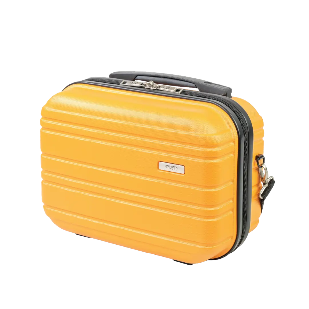 Yellow suitcase with black handle and trim on a white background