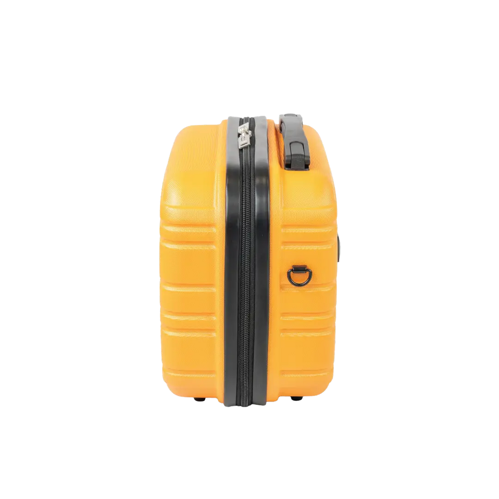 Yellow suitcase with black zipper on a white background