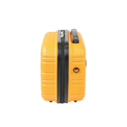Yellow suitcase with black zipper on a white background