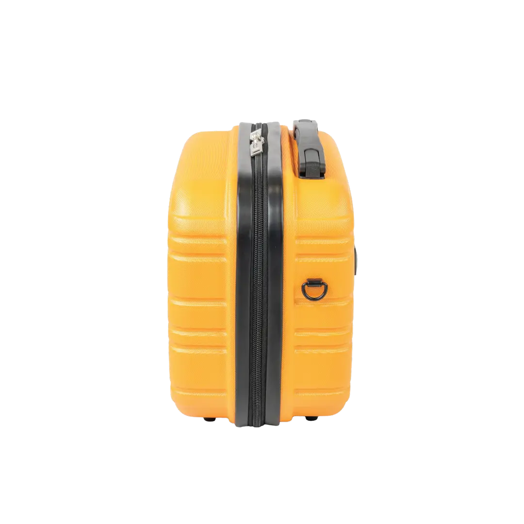 Yellow suitcase with black zipper on a white background