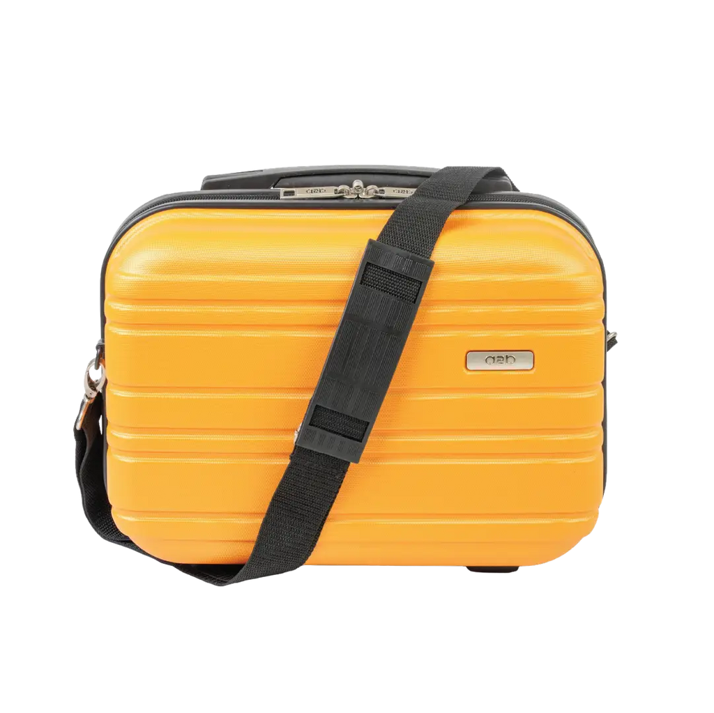 Yellow suitcase with a black strap on a white background