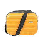 Yellow suitcase with a black strap on a white background