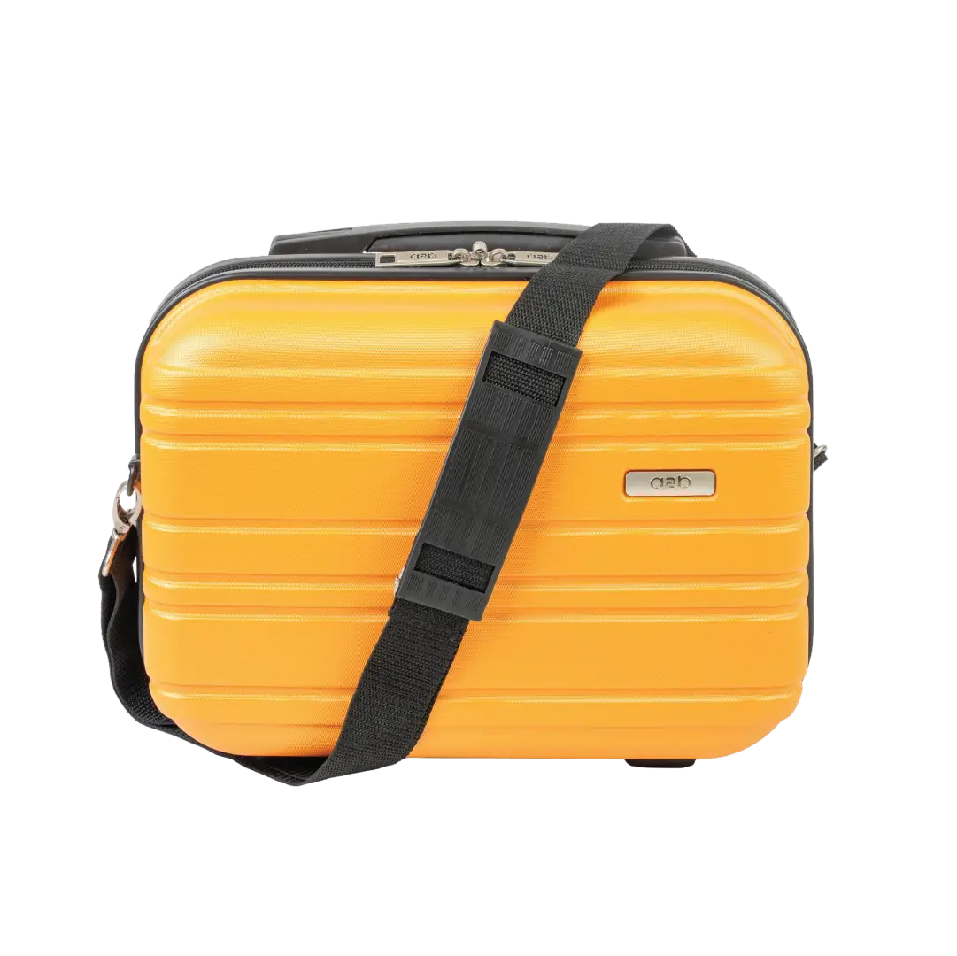 Yellow suitcase with a black strap on a white background