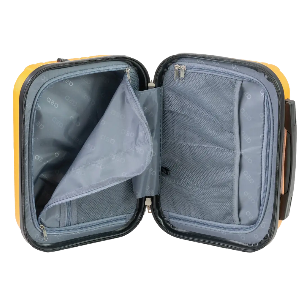 Open travel suitcase with yellow exterior and gray interior on a white background