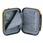 Open travel suitcase with yellow exterior and gray interior on a white background