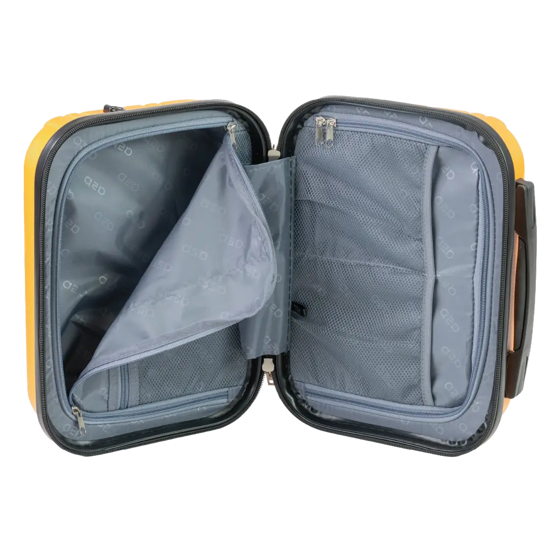 Open travel suitcase with yellow exterior and gray interior on a white background