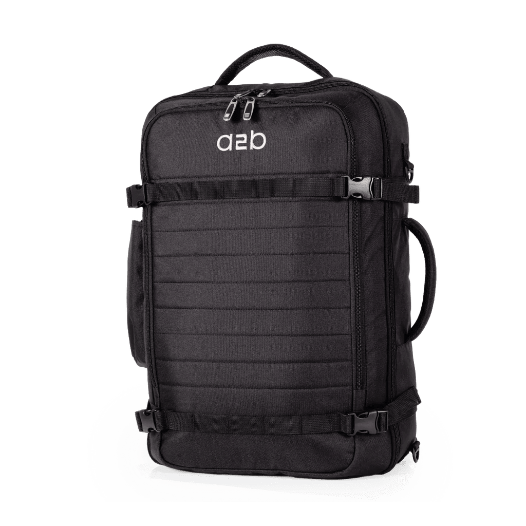 Black travel backpack with a visible brand logo on a white background