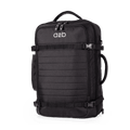 Black travel backpack with a visible brand logo on a white background