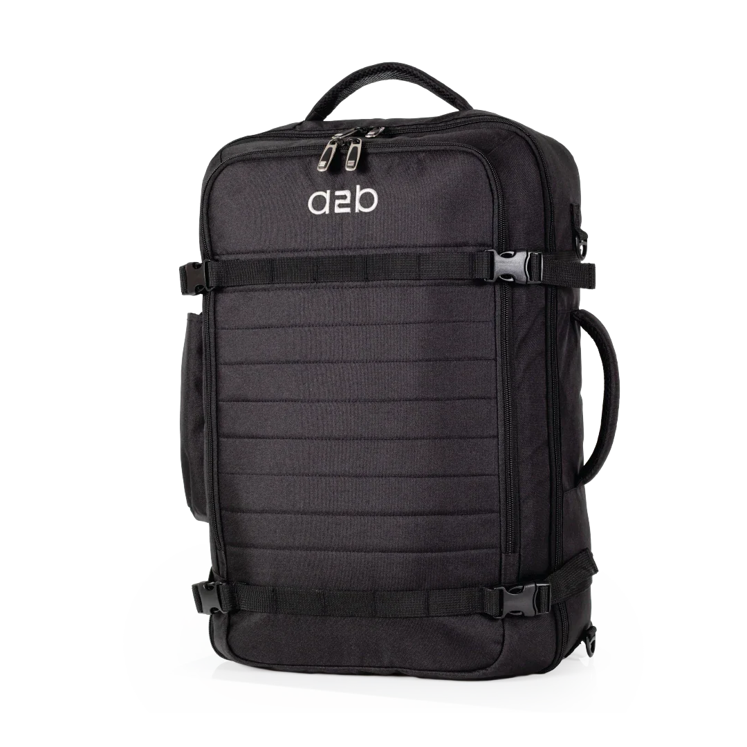 Black travel backpack with a visible brand logo on a white background