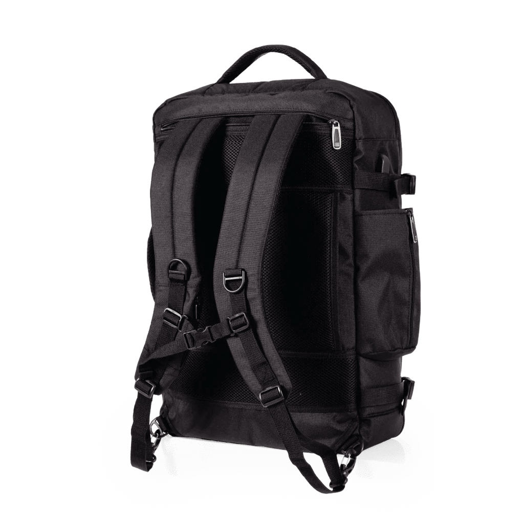 Black backpack with multiple compartments and straps on a white background