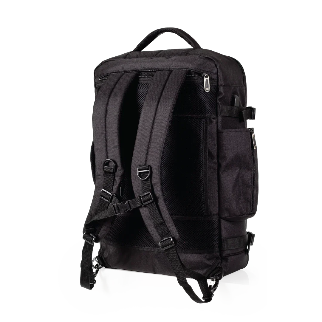 Black backpack with multiple compartments and straps on a white background