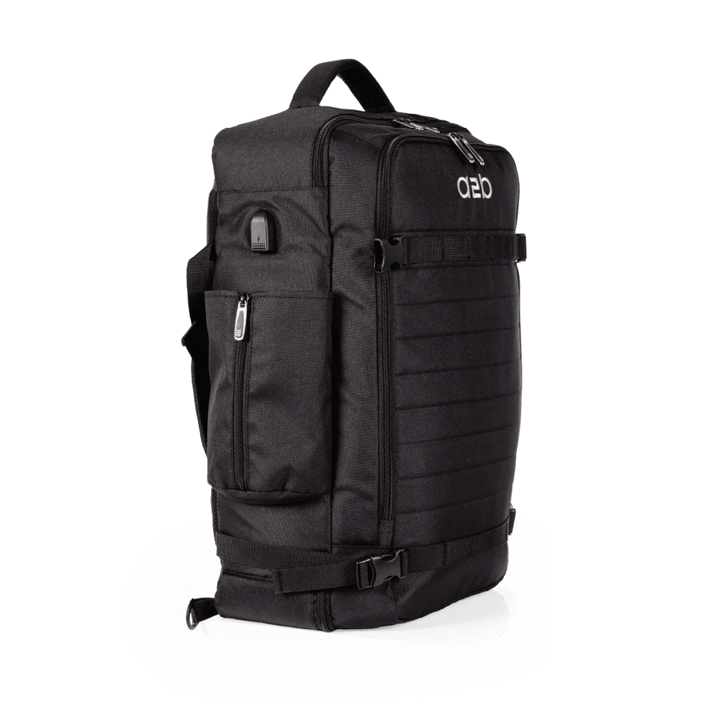 Black backpack with multiple straps and zippers on a white background